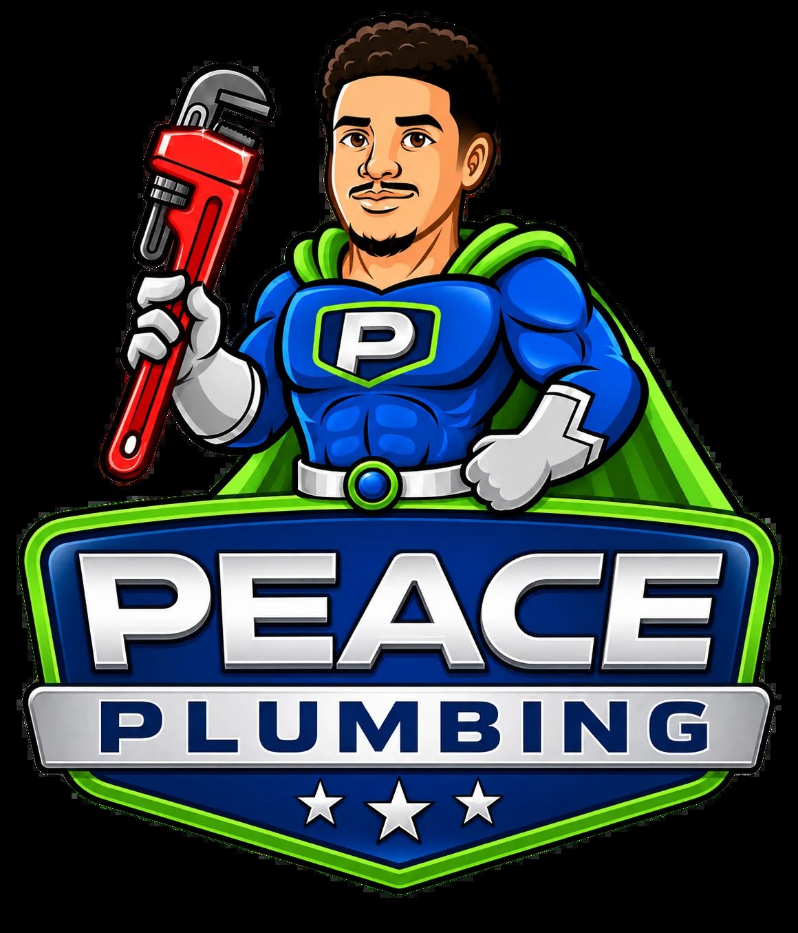 Peace Plumbing logo featuring a superhero character in blue costume holding a red pipe wrench with green cape