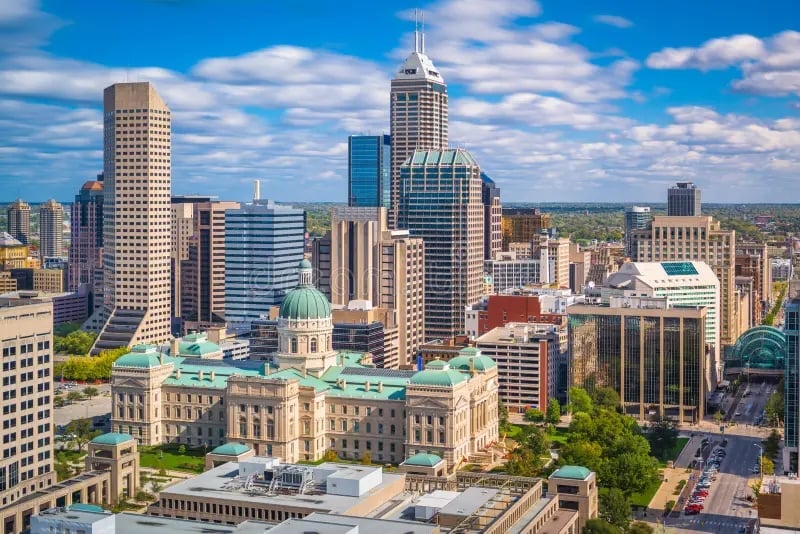 Aerial view of the Indianapolis skyline at dusk